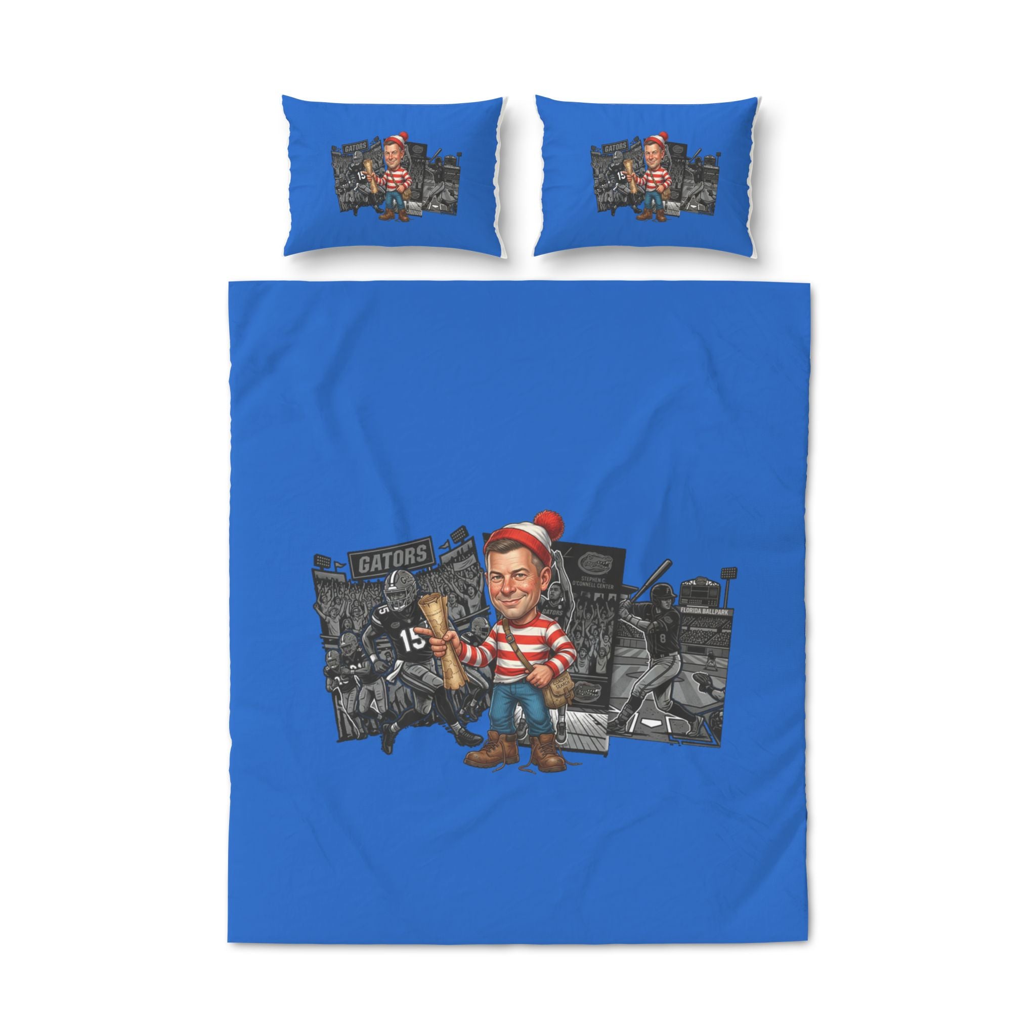 Novelty Duvet Cover Set — Cartoon “Where’s” Character on Blue Background (3-Piece)