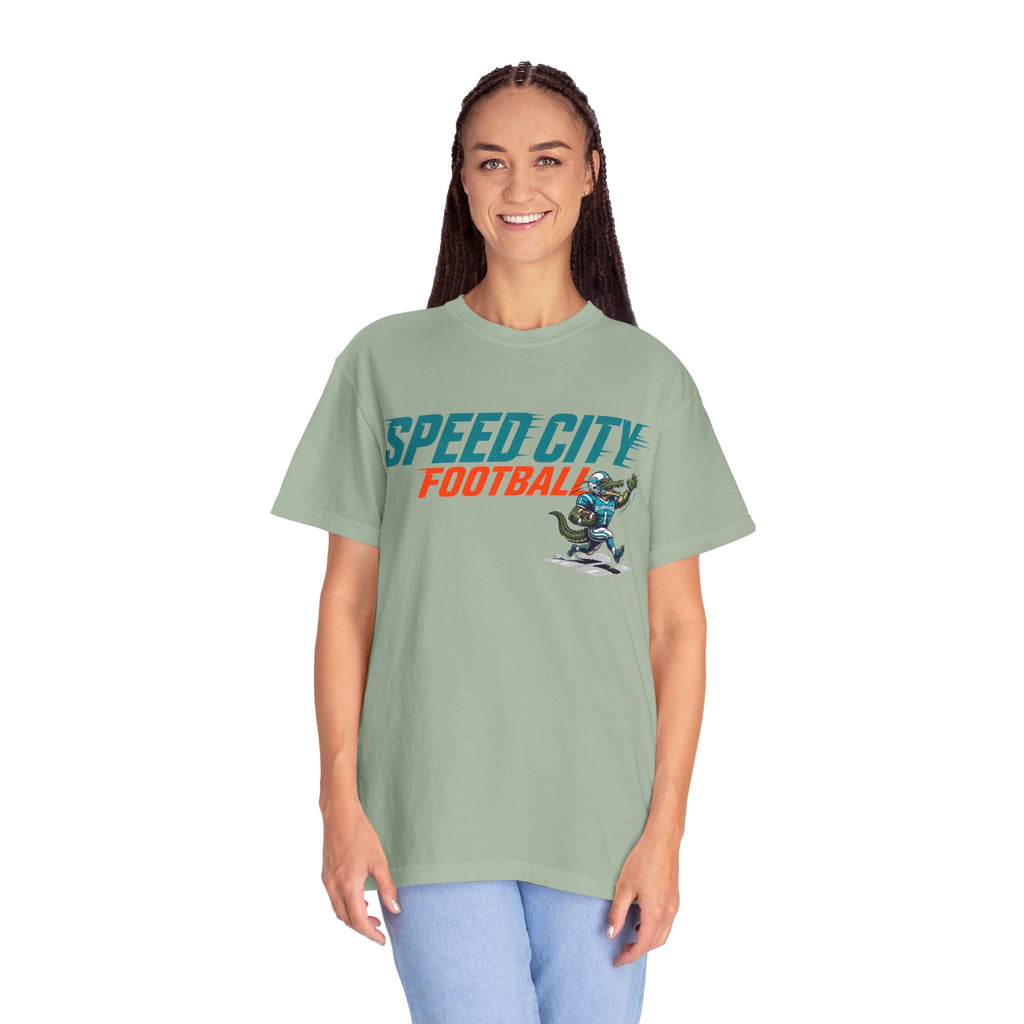 phins Speed City Football T-Shirt — Retro Mascot Football Tee