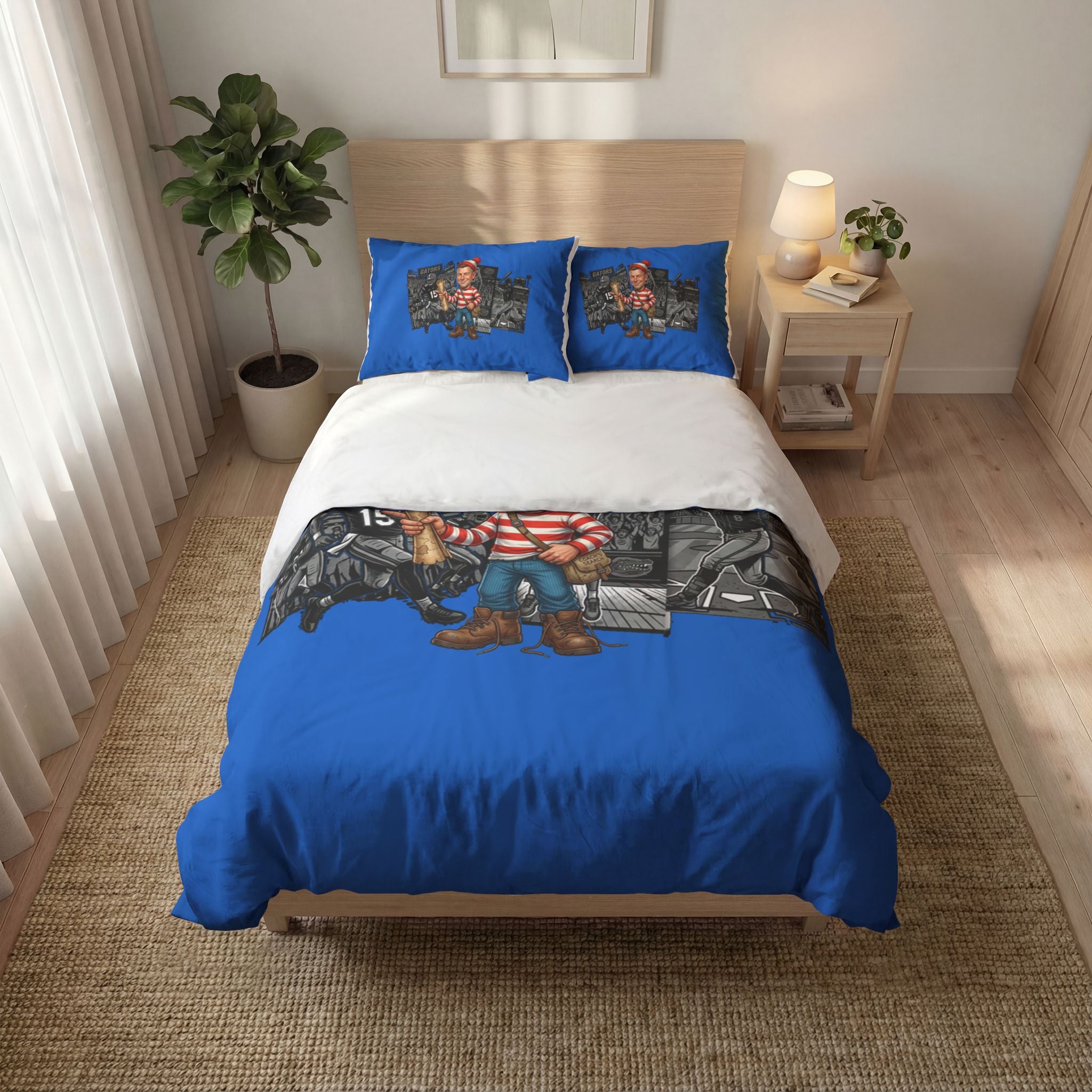Novelty Duvet Cover Set — Cartoon “Where’s” Character on Blue Background (3-Piece)
