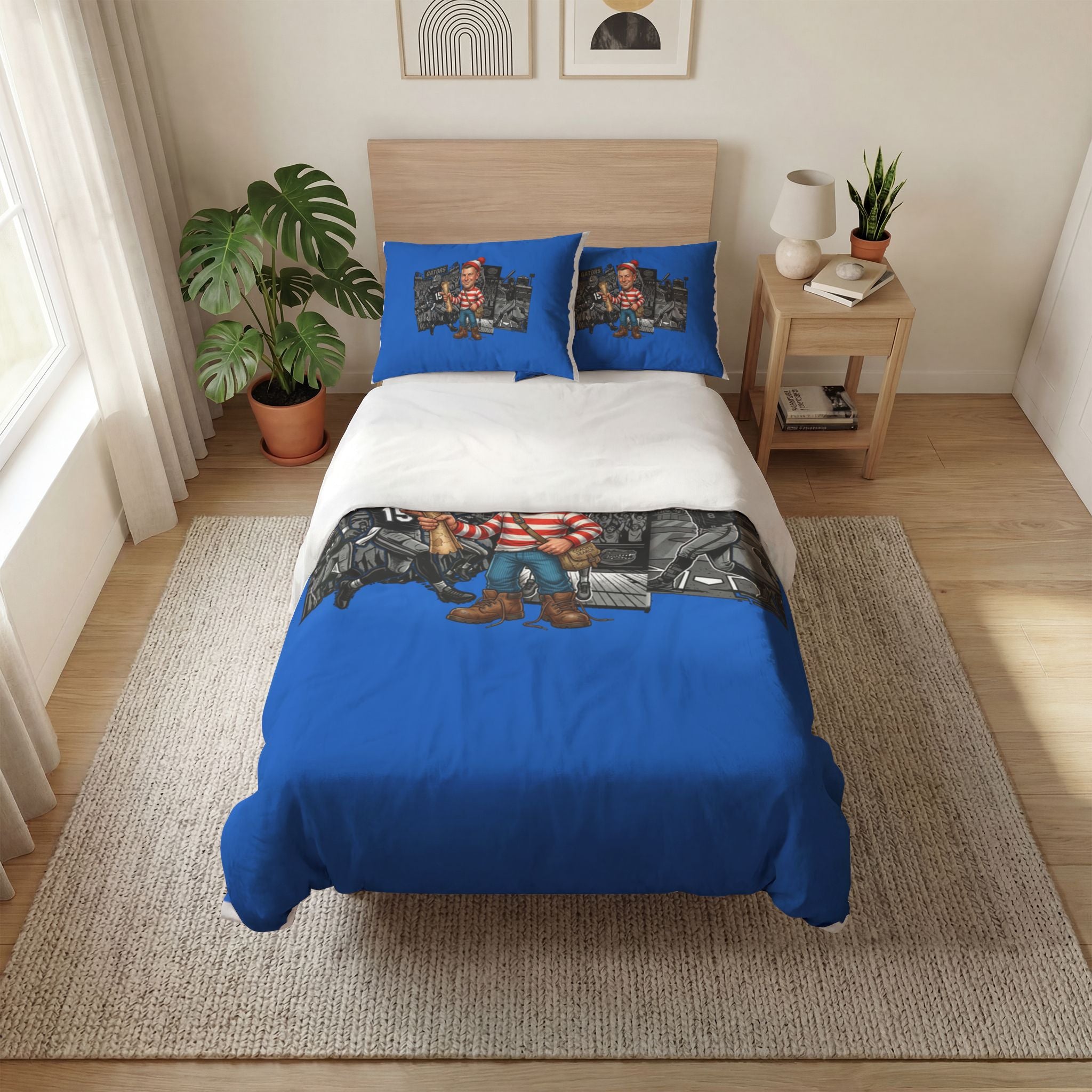 Novelty Duvet Cover Set — Cartoon “Where’s” Character on Blue Background (3-Piece)
