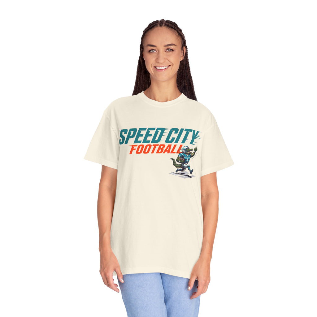 phins Speed City Football T-Shirt — Retro Mascot Football Tee