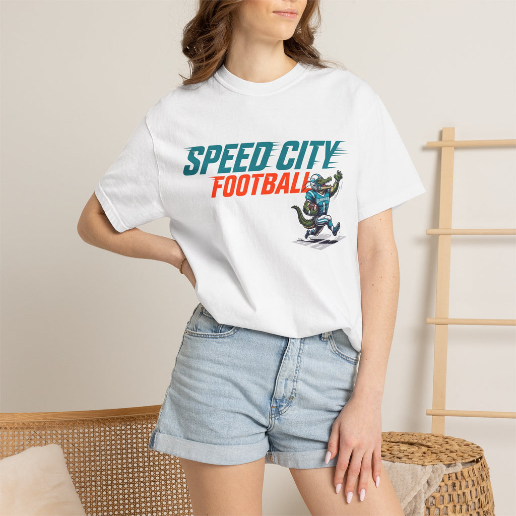 phins Speed City Football T-Shirt — Retro Mascot Football Tee