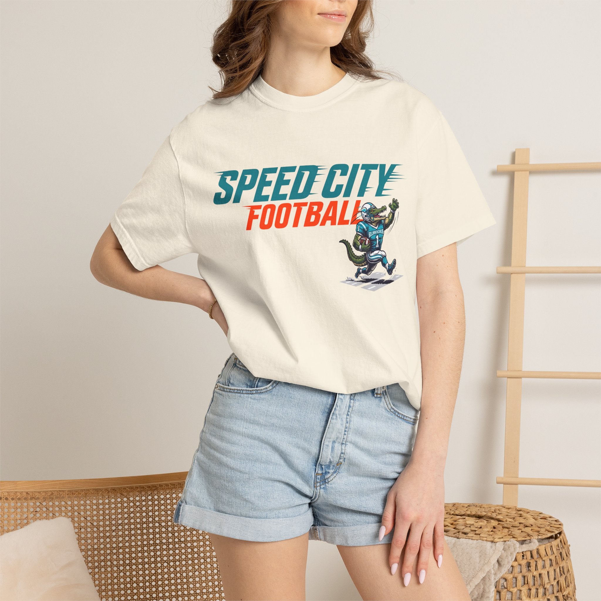 phins Speed City Football T-Shirt — Retro Mascot Football Tee